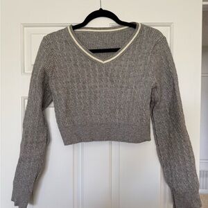 Gray V-Neck Cable Knit Sweater